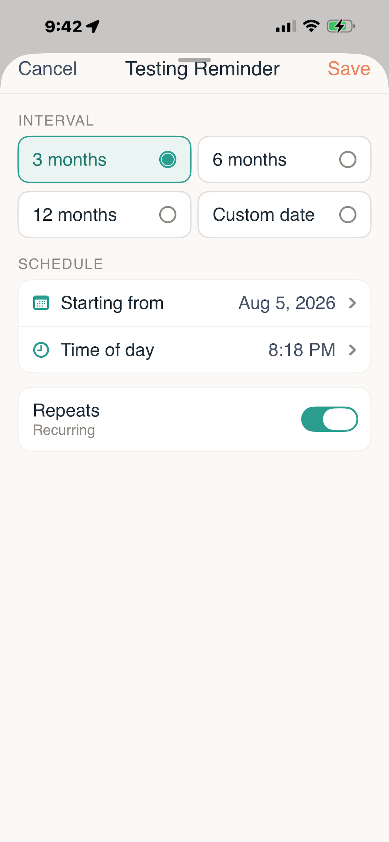 Testing Reminder screen with 3, 6, or 12 month interval options, a start date, time of day, and a repeats toggle