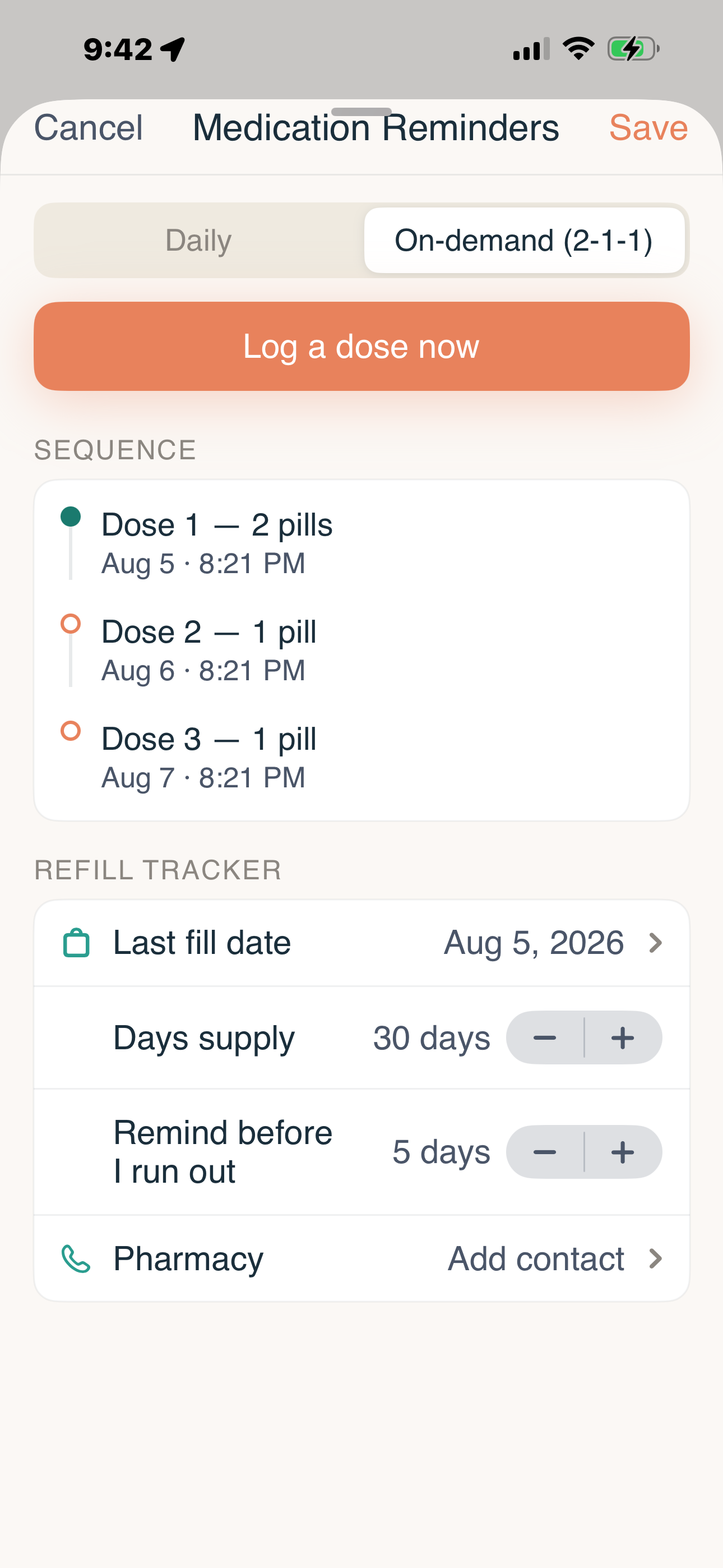 On-demand 2-1-1 dosing screen with a log a dose now button and a dose sequence showing dose 1, dose 2, and dose 3
