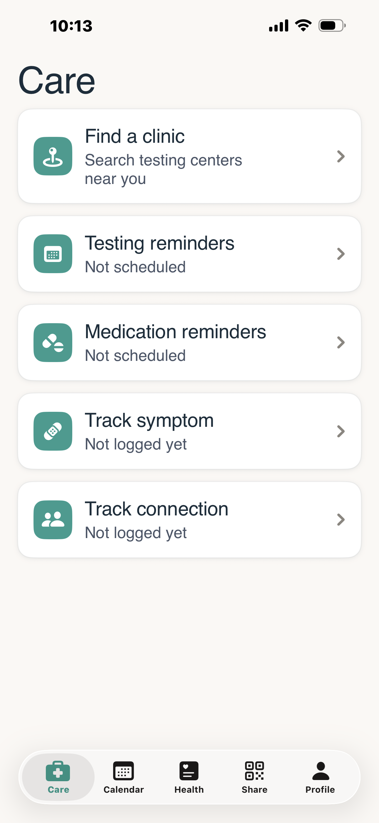 Protecht Care tab showing Find a clinic, Testing reminders, Medication reminders, Track symptom, and Track connection