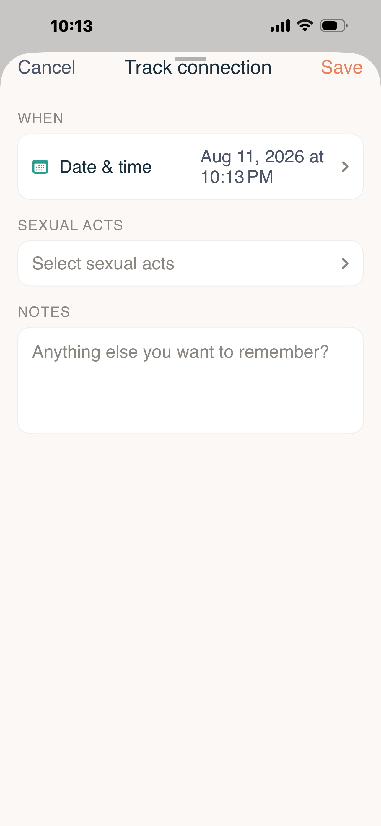 Protecht Track connection form with date and time, sexual acts, and notes fields