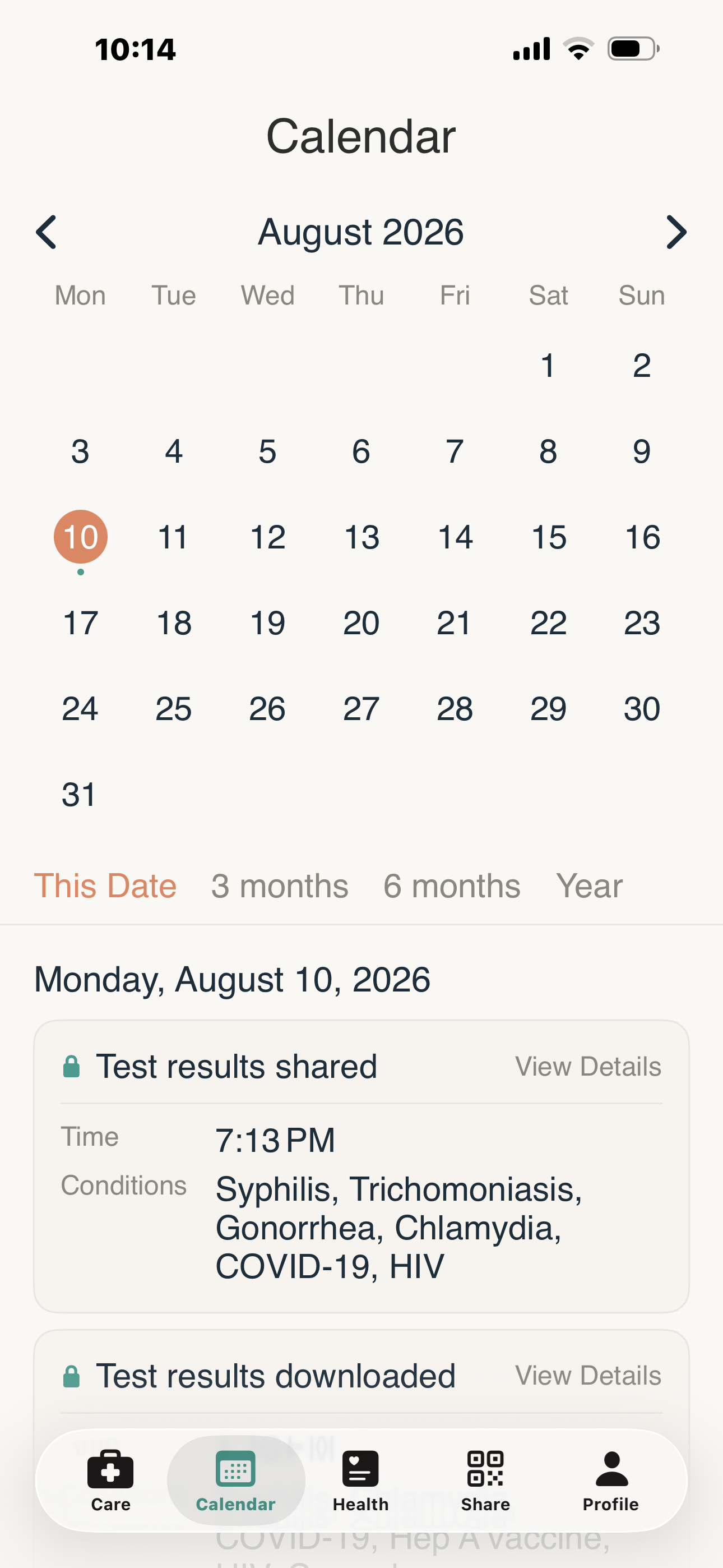 Protecht Calendar showing a locked test results shared entry alongside the day's activity