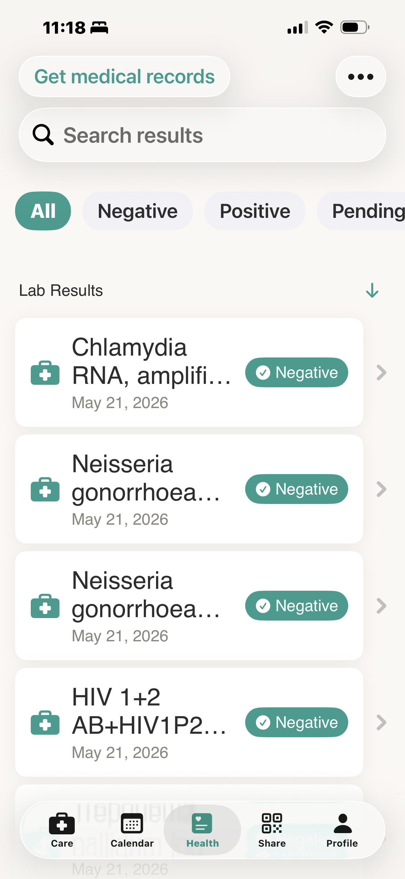 Protecht app showing verified lab results including HIV status