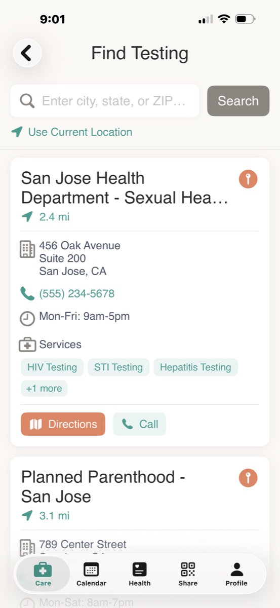 Find Testing screen