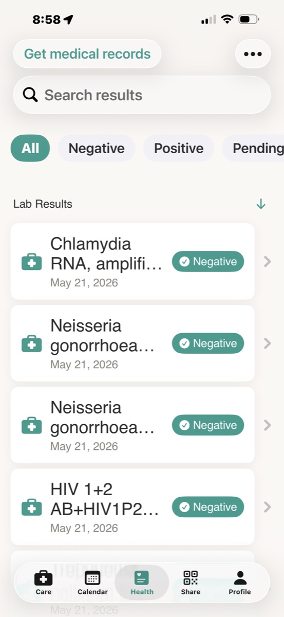 Health results list